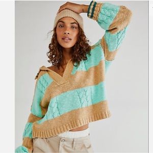Free People Pembrook Sweater Rugby Stripe Green Tan S Cotton Varsity Pullover